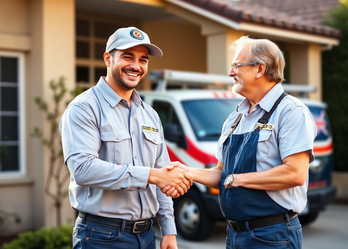 HVAC contractor meeting a homeowner in front of a Southern California home